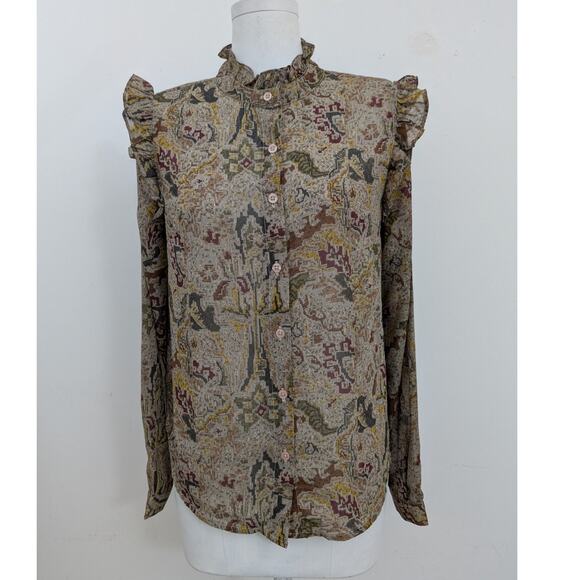 NEW Elan ruffled tapestry print button down shirt sz small - Picture 2 of 10